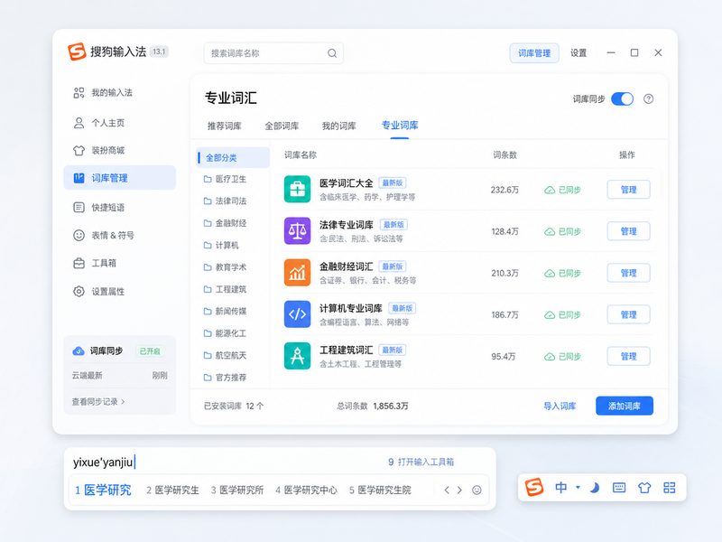 搜狗输入法词库管理控制面板展示